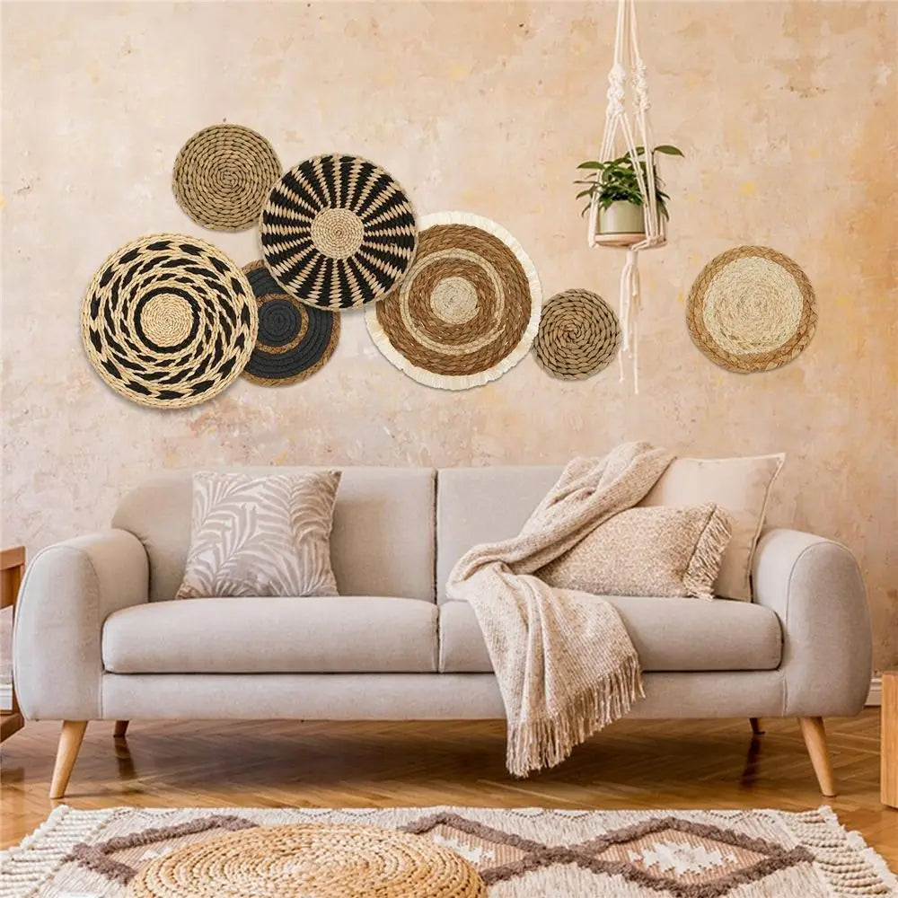 Boho-Wandkörbe 7er-Set Seegras & Rattan - Wandkunst rund