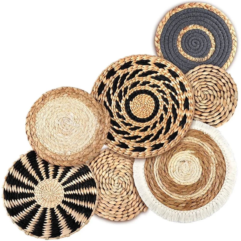 Boho-Wandkörbe 7er-Set Seegras & Rattan - Wandkunst rund