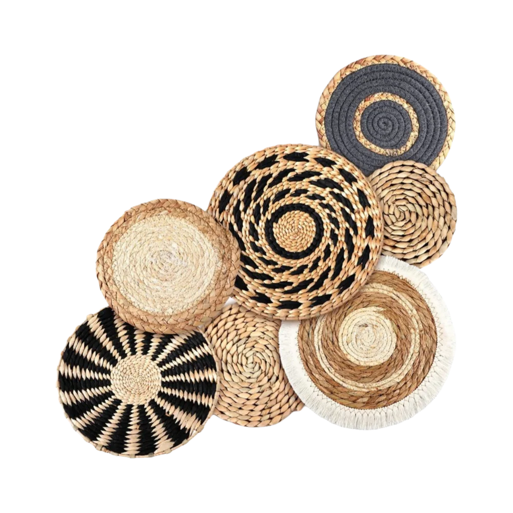 Boho-Wandkörbe 7er-Set Seegras & Rattan - Wandkunst rund